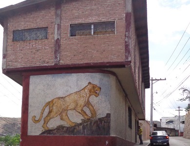 レオナ地区の壁に描かれるメスライオンの絵。